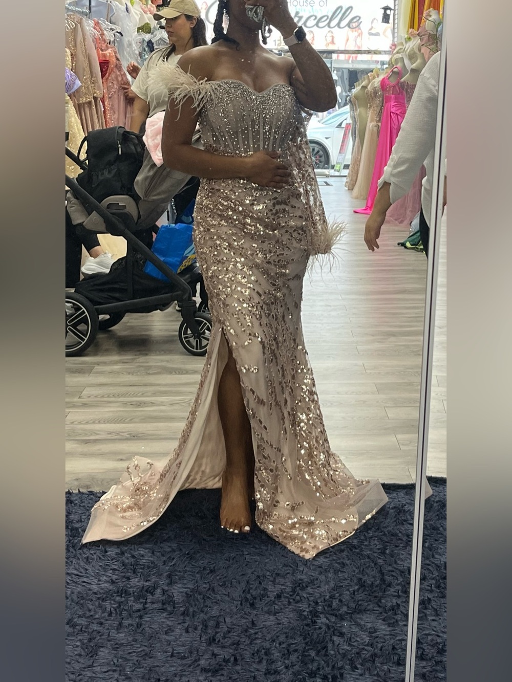 Sequin Feather Off-Shoulder Evening Gown - Blush